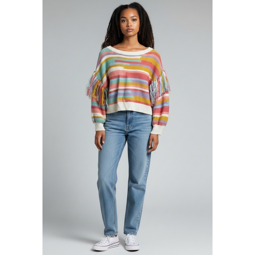 Shein Sweater Tassel Sleeve Drop‎ Rainbow Knit Cropped Colorful Large